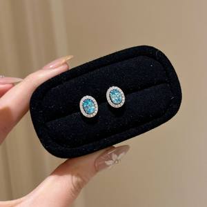 Boucles d'oreilles S925 en argent pur, bleu océan, avec diamants ovales délicats, détachables, à clip, bijoux tendance pour femmes - Product Image 5