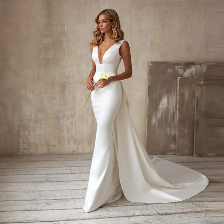Vente en gros 2024 nouvelle robe de mariée blanche élégante train chapelle boho chic autotest k003 robe de mariée sirène de luxe