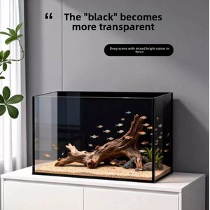 אקווריום זכוכית מלבני שקוף במיוחד בצבע שחור עם גב מוזהב, לגידול דגי זהב, דגי בטא וצמחייה, מתאים לשולחן עבודה בבית. - Product Image 5