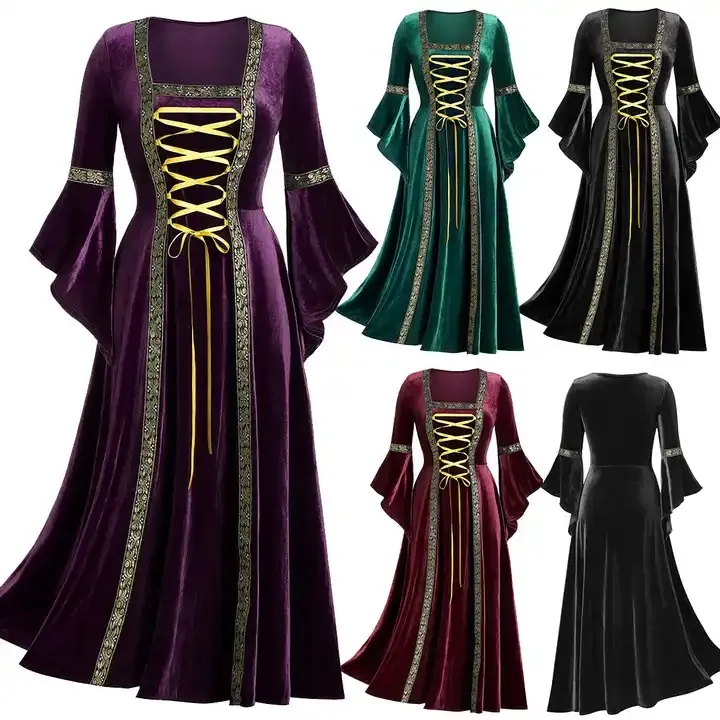 Renascimento medieval Cosplay Vintage gótico Bandagem Mulheres Vestido Flare Manga Comprimento Pavimento Goth Vampire Bruxa Vestidos