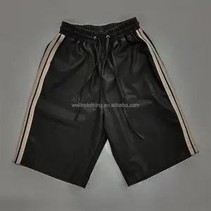 Custom Trekkoord Zijstrepen Faux Pu Effen Zwart Lederen Sweatshorts Voor Mannen