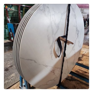 طاولة من الزجاج الدائري المضلع المخصص، رخام مطلي بلون أبيض، قماش رخامي مطلي، زجاج معتم - Product Image 1