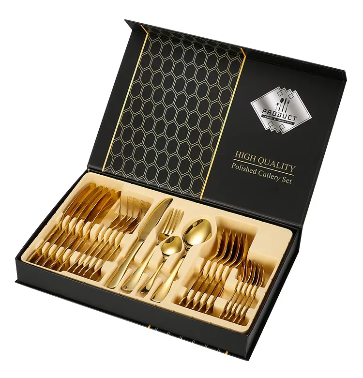 Luxury PVD Gold Flatware Set 1010 Cutlery Set 24Pcs Stainless Steel Spoon Fork Knife in Gift Box