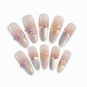 Uñas postizas 3D con diseño de flor y perla, acrílicas, de cobertura completa, con brillo degradado, forma almendrada cuadrada para dedos - Product Image 2