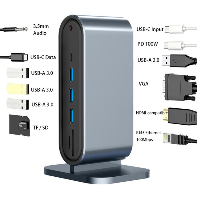 5-8 Ports USB 3.0 Type-C Hub with TF/SD Reader RJ45 HD4K Video Output Aluminum Alloy Adapter