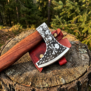 Hache Viking en acier au carbone, faite à la main, avec manche en bois de rose barbu et motif crâne, pour couper le bois - Product Image 4