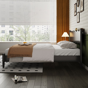 Cama Doble Negra de Madera Maciza de Estilo Nórdico de 1.8 m, Cama Moderna Minimalista con Diseño de Ondas, Cama Matrimonial, Cama de Boda, Muebles Retro - Product Image 3