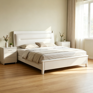 Minimalist White Upholstered <b>Queen</b> <b>Bed</b> <b>Frame</b> with Faux Leather and Storage Drawers - Product Image 2
