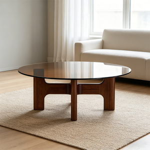 <span class=keywords><strong>Tavolino</strong></span> da Caffè Rotondo in Noce Nero Americano con Piano in <span class=keywords><strong>Vetro</strong></span> Fumé, Arredamento Moderno Mid-Century per Soggiorno - Product Image 4