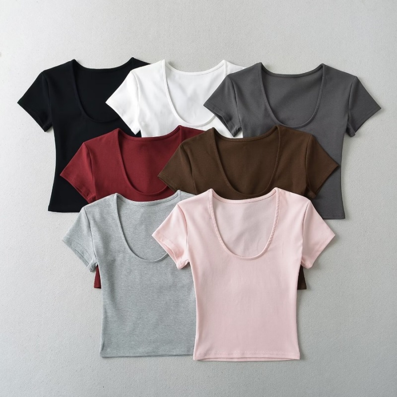 LULUXIXIYAYA Summer New Round Neck Shoulder Slim Short Solid Color Ladies Short Sleeve T-shirt