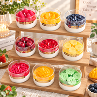 Bougie parfumée artisanale en cire de soja, design original, en forme de dessert (mousse aux fruits, gâteau), dans un pot en verre, idéale comme souvenir ou cadeau.
