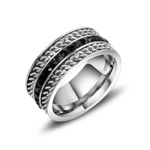 <b>Titanium</b> Steel <b>Ring</b> Chain Pattern <b>Black</b> Stones Channel Setting Men's Fashion <b>Ring</b> SA1014 - Product Image 5