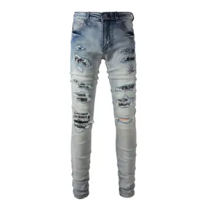 Rts For Drop Shipping 6677 Bandana Patched Jean Fashion Designer Slim Skinny Denim Men Jeans