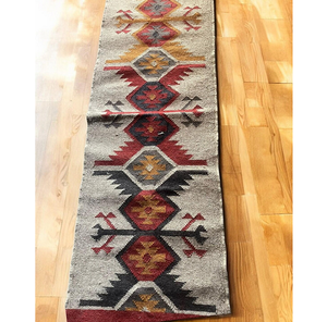 Tapis de couloir géométrique en laine et jute tissé à la main, style tribal bohème rustique, pour entrée et salon - Product Image 1