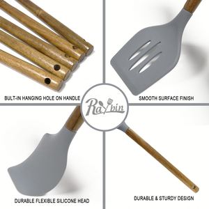 7 Piece Kitchen <b>Tools</b> Cookware Wares Accessories Acacia Wooden Bamboo <b>Silicone</b> Appliances and Cooking Utensils Set - Product Image 4