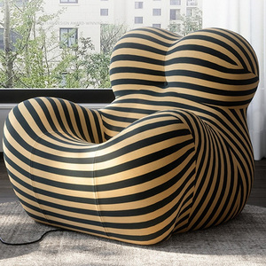 Fauteuil gonflable rayé avec dossier coussiné et pouf rond, canapé-lit contemporain pour salon, housse en tissu - Product Image 4