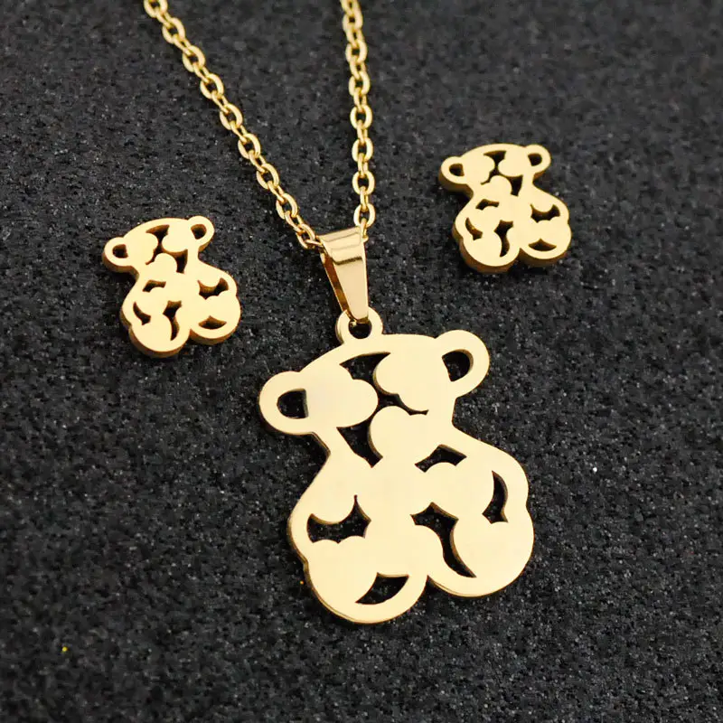 C & j design original 18k ouro banhado oco aço inoxidável urso colar e brinco conjunto de jóias simples de aço inoxidável