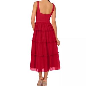 เดรสออกงานสีแดงฤดูร้อนสุดหรู แขนกุด ดีไซน์เซ็กซี่สำหรับผู้หญิงวัยผู้ใหญ่ ทรงยาว - Product Image 2