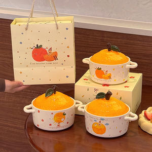 Bol à nouilles instantanées en céramique orange avec couvercle, design de dessin animé style été 2024, pour la maison, le dortoir, les étudiants, cadeau - Product Image 2