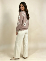 Pull tricoté décontracté à col en V pour femme, collection automne 2026, à manches longues, en fil de soie filé, motif floral, tendance