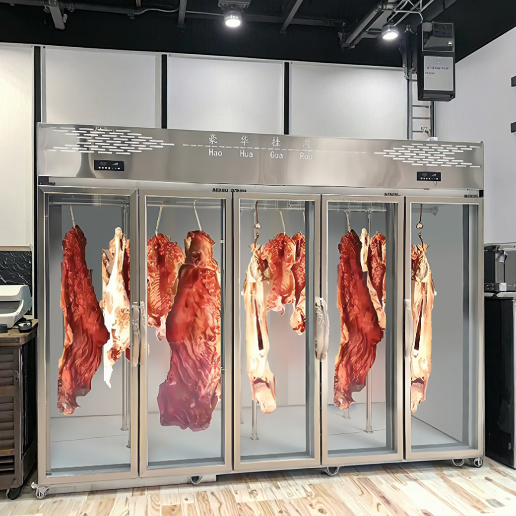 Industrial Direct Cooling Hanging Chiller 7 Doors, Glass Display for Beef Donkey, Carrefour Butchery Style Heavy-Duty Rods