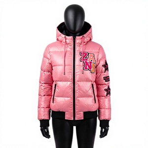 Women Puffer <b>Jacket</b> 220 GSM Polyester Pongee Quilted <b>Pink</b> Black Custom Embroidery Chenille Patch OEM ODM Private Label - Product Image 1