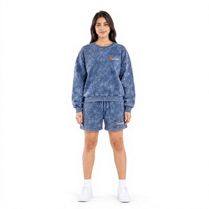 Ensemble 2 pièces short et haut pour femme, tie-dye, à sequins, col rond, manches longues, strass, délavé à l'acide, coupe décontractée ample, printemps-été, en coton tricoté - Product Image 1