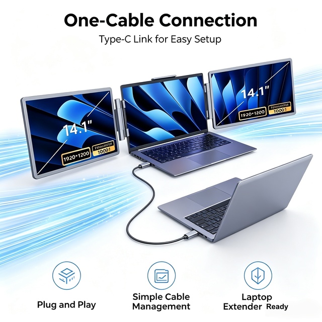 14 Inch Triple Portable Monitor Laptop Screen Extender Dual-Side Expanding FHD IPS Display Plug & Play for Multi-Tasking Work
