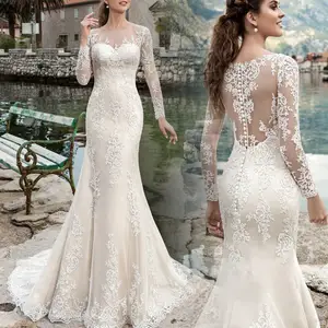 New O Neck Illusion Lace Appliques Mermaid Wedding Dress Long Sleeve Backless Bridal Gown