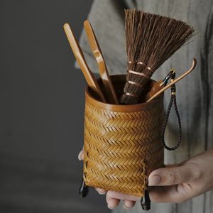 Caddie à thé rond en bambou tissé, fait à la main, pour accessoires de cérémonie du thé - Product Image 1
