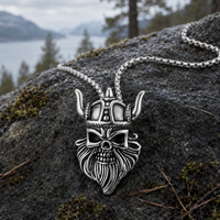 Collier en acier inoxydable en gros pour hommes, pendentif crâne viking et casque cornu de guerrier nordique, chaîne maille forçat 3mm, bijoux punk gothique