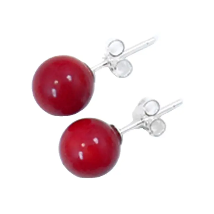 Fashion 8mm Genuine Red Coral Earrings Studs Natural Semi Precious Gemstone Jewelry 925 Sterling Silver Earrings