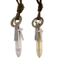 Collier en cuir vintage avec chaîne et pendentif double anneaux, bijoux tendance pour hommes, vente en gros