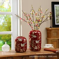Nouveau vase en céramique de style chinois, motif floral d'oiseaux, couleur rouge, pour la décoration de la maison, du salon, culture aquatique, fleurs