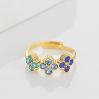 Bague ajustable tendance multicolore trèfle à quatre feuilles avec zircon et pierre précieuse en cuivre, vente en gros pour mariage
