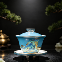 Ensemble Gaiwan en Porcelaine de Jingdezhen de Qualité Supérieure, Motif Paysager Traditionnel, 3 Pièces (Couvre-bol, Bol, Soucoupe) Tasse à Thé Kung Fu