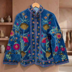 Luxury Ethnic Style <b>Women</b> Embroidered Blue <b>Velvet</b> Outerwear Floral Motif Stand Collar Short Winter <b>Jacket</b> Custom Manufacturer - Product Image 1
