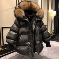 Manteau surdimensionné en fourrure de renard véritable pour femme, manteau en duvet noir, vêtements d'extérieur, nouvelle collection hiver 2023