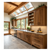 Vermonhouzz Armoires de cuisine modernes en bois massif de style farmhouse avec étagères ouvertes et quincaillerie noire pour l'hôtellerie