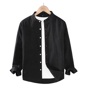 Camicia in <span class=keywords><strong>Lino</strong></span> con Colletto alla Coreana, Maniche Lunghe, Bianca e Nera, Morbida e Confortevole, Semplice, Tinta Unita, Autunnale, per <span class=keywords><strong>Uomo</strong></span> - Product Image 3