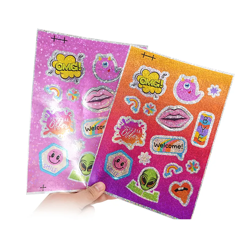 Özel Logo baskı tasarım su geçirmez yapışkanlı vinil lazer Film Hologram holografik öpücük Cut Sticker Sheet