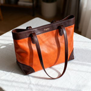 Venta al por mayor, espacioso, naranja + marrón oscuro, bolso de mano de cuero auténtico, personalizado de fábrica, de alta calidad, bolso de cuero para mujer con logotipo a la venta - Product Image 1