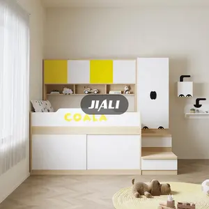 Fabrication JIALI, vente en gros, ensemble de meubles de chambre à coucher en MDF blanc jaune pour filles et garçons, lits superposés demi-hauteur pour enfants avec penderie - Product Image 1