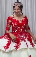 Robe de bal rouge ivoire princesse à manches longues et volants, robes de Quinceañera avec appliques de fleurs 3D rouges pour filles de 15 à 16 ans LY0154