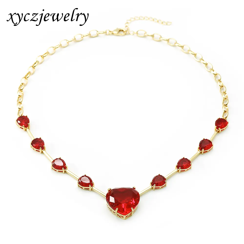 Luxury big necklace jewelry 18k gold plated red glass heart pendant necklace