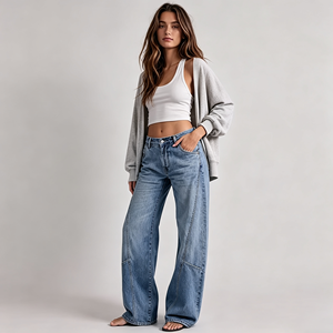 Jeans à jambes courbes <span class=keywords><strong>pour</strong></span> femmes, taille basse, coupe baril, en denim, <span class=keywords><strong>pour</strong></span> un look brunch en ville sur le toit - Product Image 1