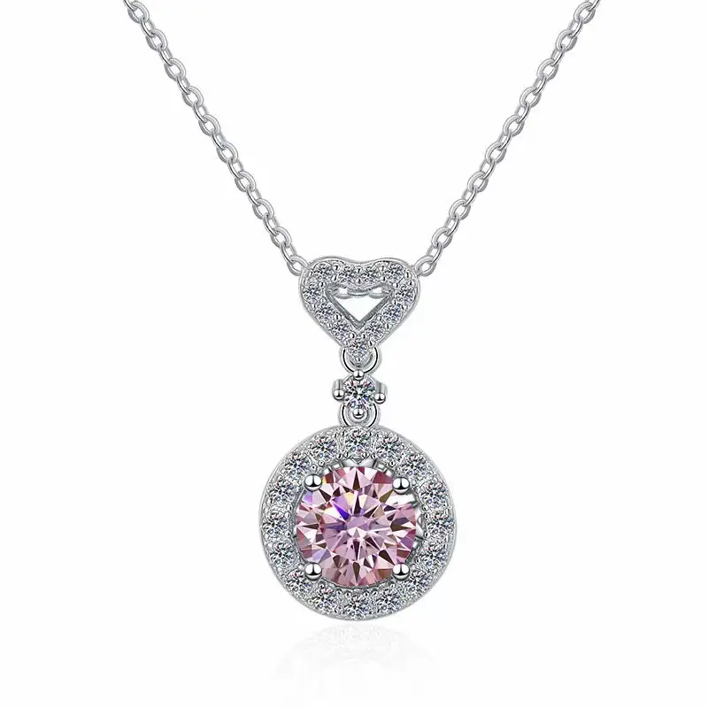 Grosir kualitas tinggi 925 perak murni perhiasan 1ct bulat potongan desain hati memotong merah muda moissanite kalung untuk wanita