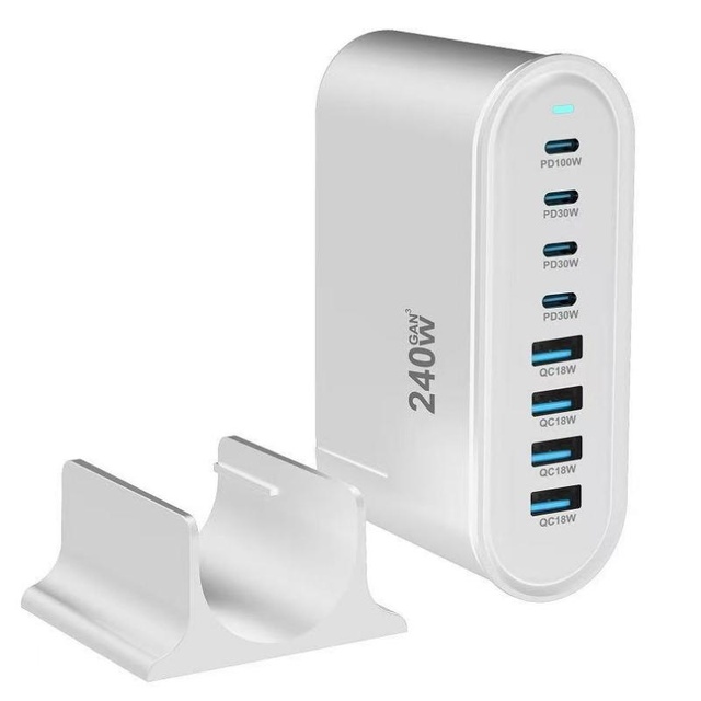 240W GaN High-Power Desktop Charging Station 8 Ports Fast Charging Adapter 4A 4C Travel Block Charger with LED Digital Display
