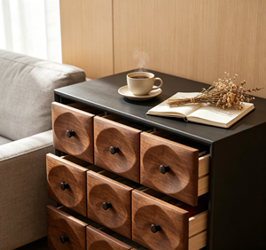 Mueble de Almacenamiento Moderno de Lujo en Madera con Marco Negro, 9 Cajones, Puertas de Tablero, Multiusos, para Sala de Estar o Dormitorio - Product Image 3