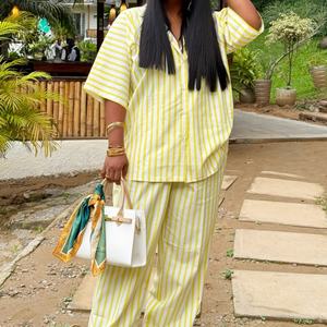Women's New Arrival Striped Short-Sleeve Oversized Top & High-Waisted <b>Pants</b> African Casual 2-Piece Set Fashion - Product Image 2